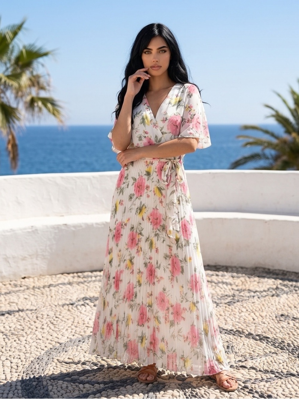 Romantic White Maxi Dress with Pink Floral Print